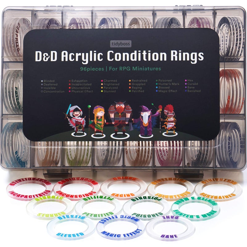 TIDYBOSS 96 PCS Status Effects Markers | DND Figures Acrylic 24 Conditions Rings | DND Accessories for RPG Like Dungeons & Dragons 5th Edition & Pathfinder Perfect DND Gifts Tokens - Image 1